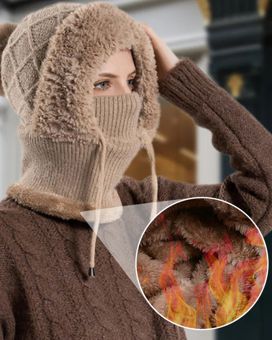 🔥Stilig Tykkstrikket Vinterlue – Med Varmt Ansiktsskjold Og Skjerf🧣