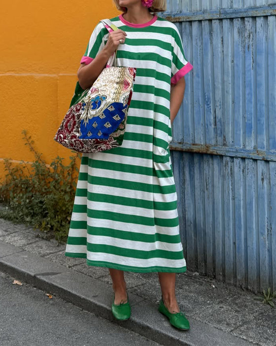 Kjole Rundhalset Fargeblokk Stripe Lang