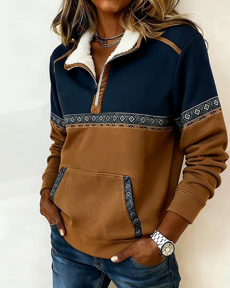 Retro Genser Med Fargeblokkering Og Pelskrage