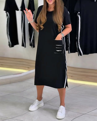 Kjole Side Hvit Stripe Lomme Rett
