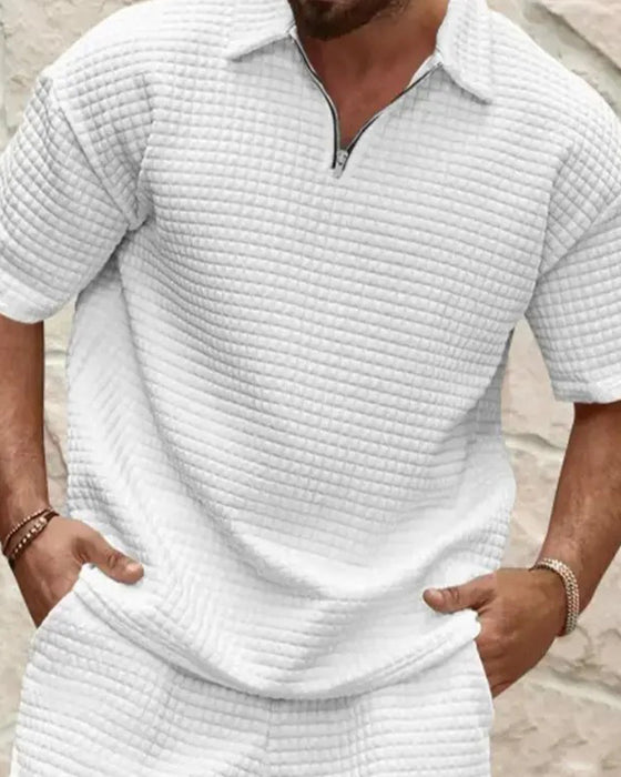 Set Polo Krage Glidelås Vaffel Tekstur Shorts