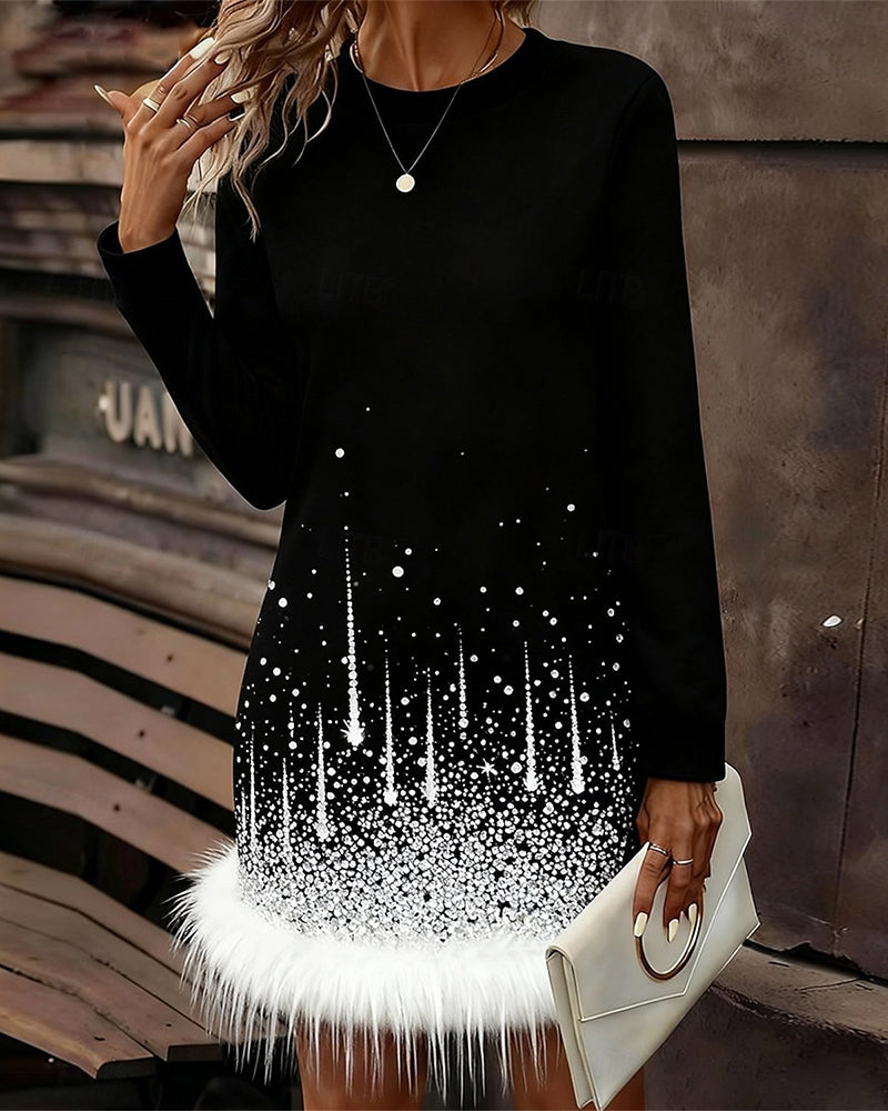 Kjole med plysj, lappeteppekant og rund hals