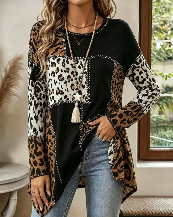 Bluse Leopard Trykk Patchwork Uregelmessig