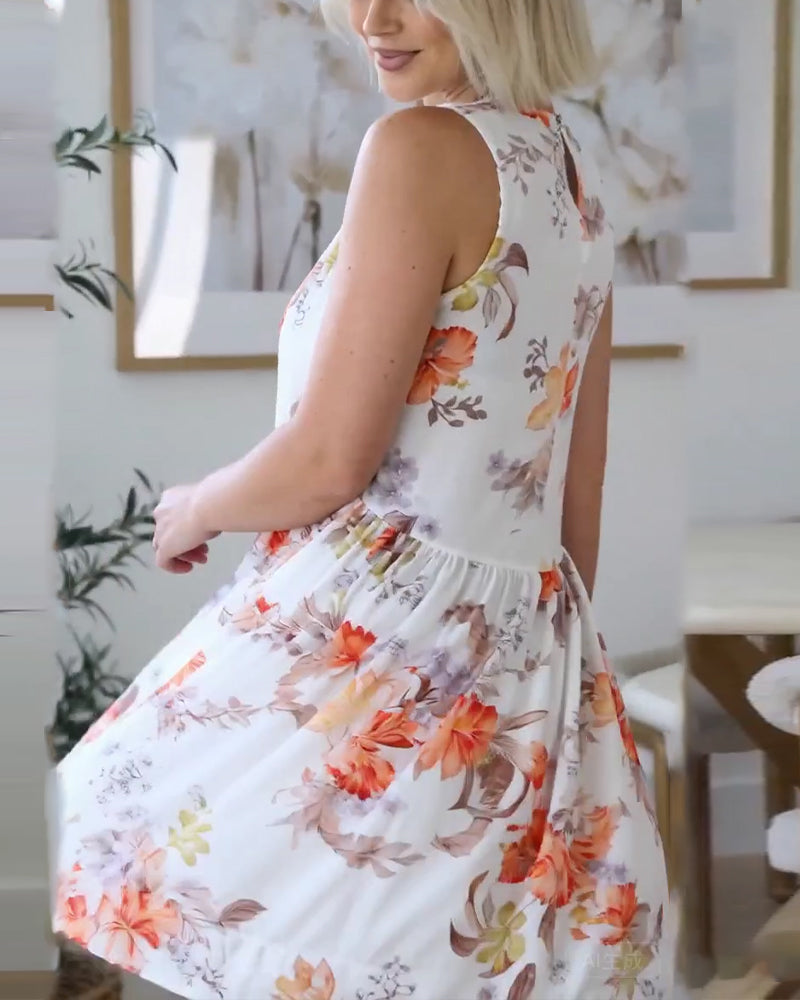 Kjole Ermeløs Plissert Blomstertrykk