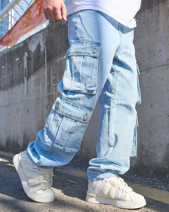 Jeans Herre Løs Solid Klaff Lomme Cargo Denim