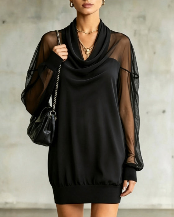 Kjole Cowl Neck Lang Erme Mesh