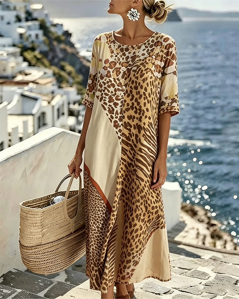 Kjole Leopard Trykk Rundhalset Patchwork