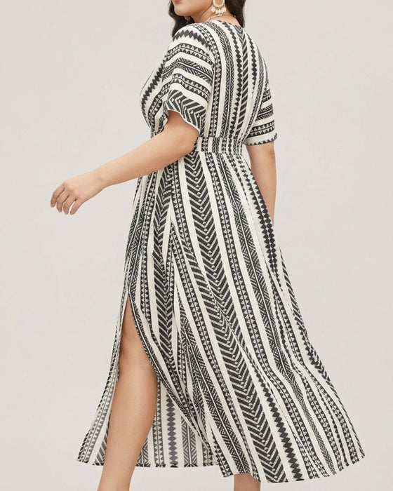 Kjole Dyp V Blå Hvit Geometrisk Stripe Midje