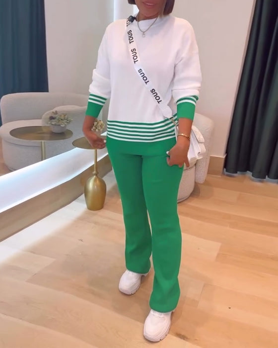 Stripete Kontrast Pullover Bukse Sett