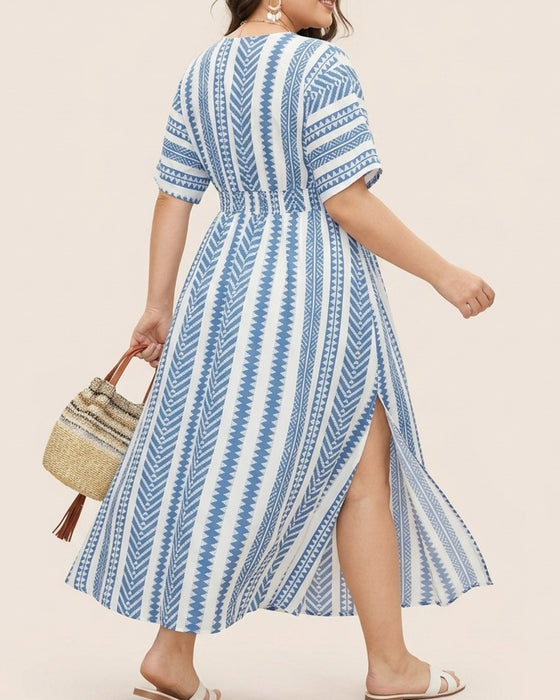 Kjole Dyp V Blå Hvit Geometrisk Stripe Midje