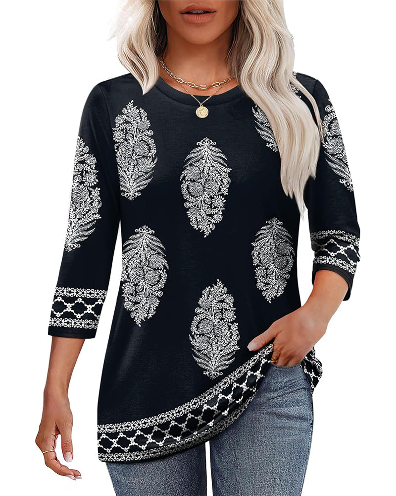 Topp Trykket Trekvart Erm Rund Hals