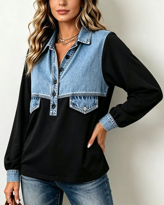 Sweatshirt Skjortekrage Lomme Patchwork