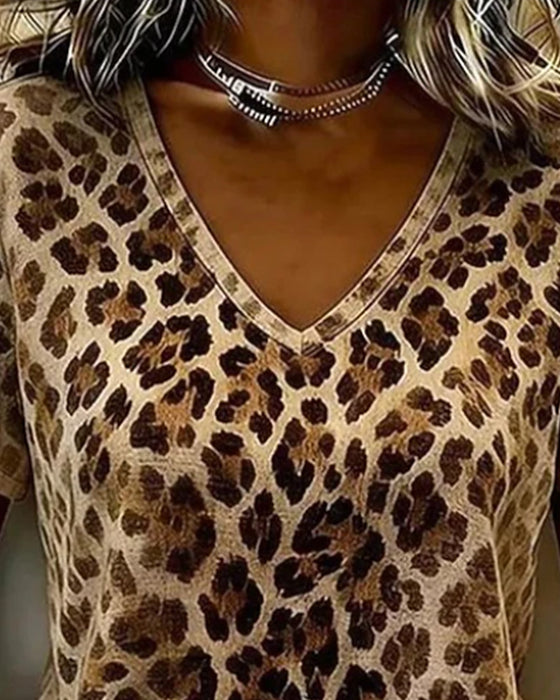 T-Skjorte V-Hals Leopard Trykk Gradient Kortermet