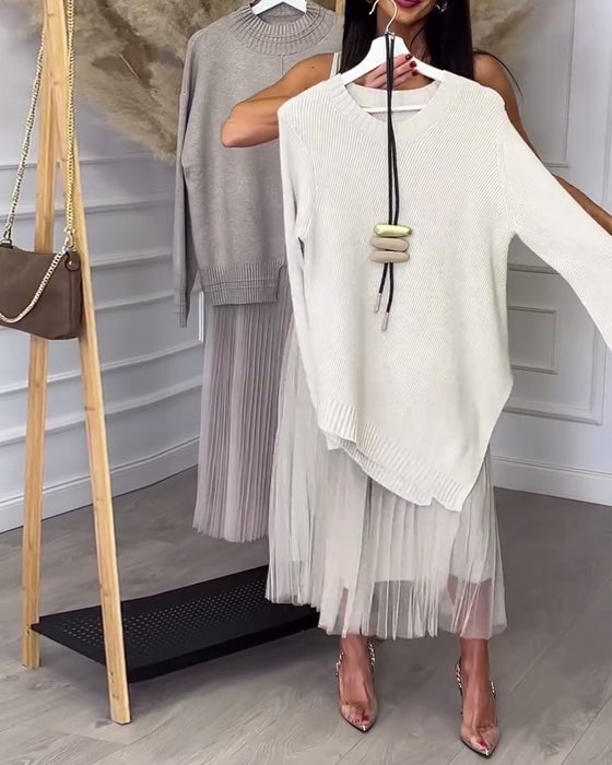 To-Delt Sett Med Genser Og Skjørt I Rund Hals Og Uregelmessig Design