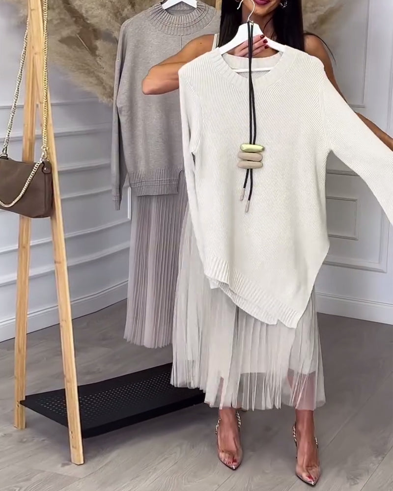 To-Delt Sett Med Genser Og Skjørt I Rund Hals Og Uregelmessig Design