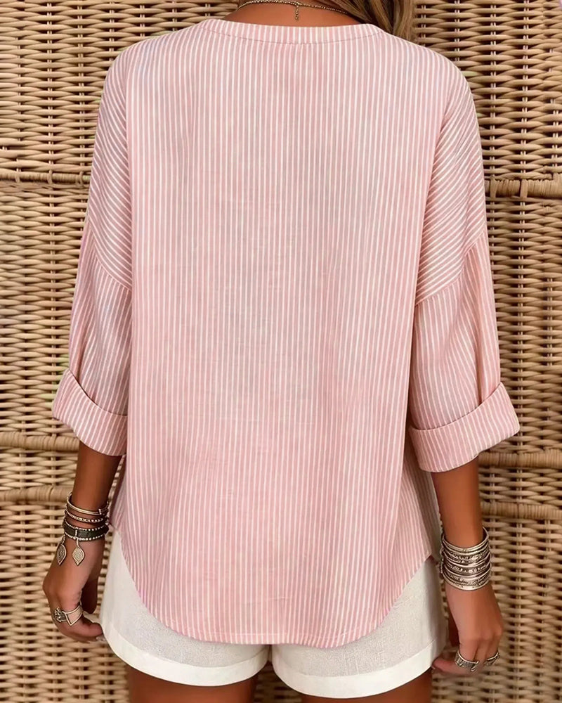 Topp V-Hals Stripe Uregelmessig Lang Erme