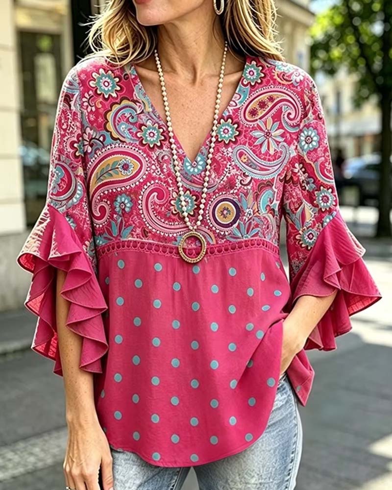 Bluse V-Hals Blomstrende Prikket Ruffle