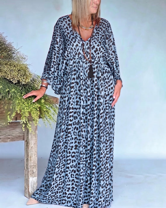 Kjole V-Utringning Leopardtrykk Loose Fit Avslappnet