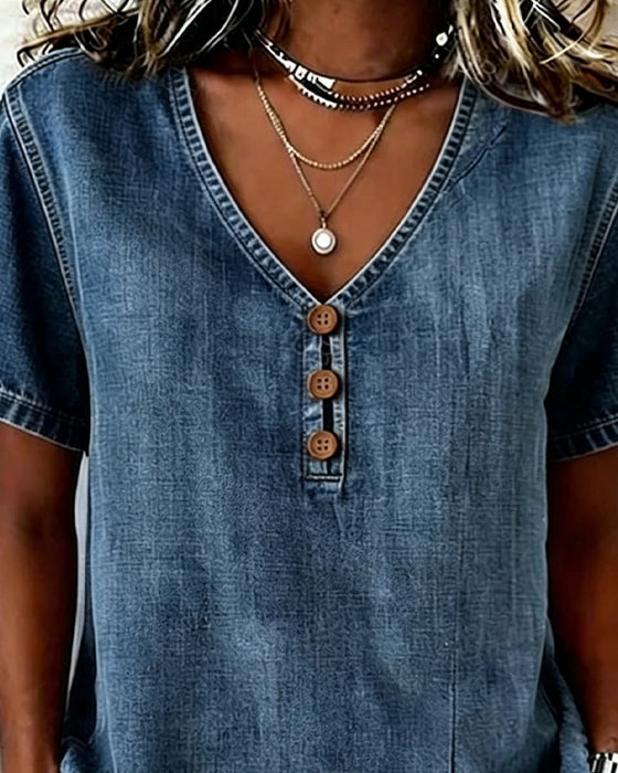 Bluse Med Splittet V-Hals I Denim