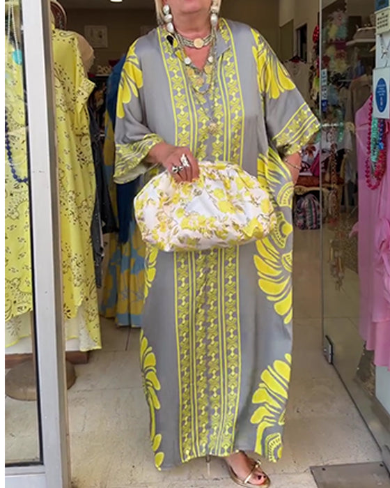 Kjole Halv Erme Trykk Lang Morgenkåpe