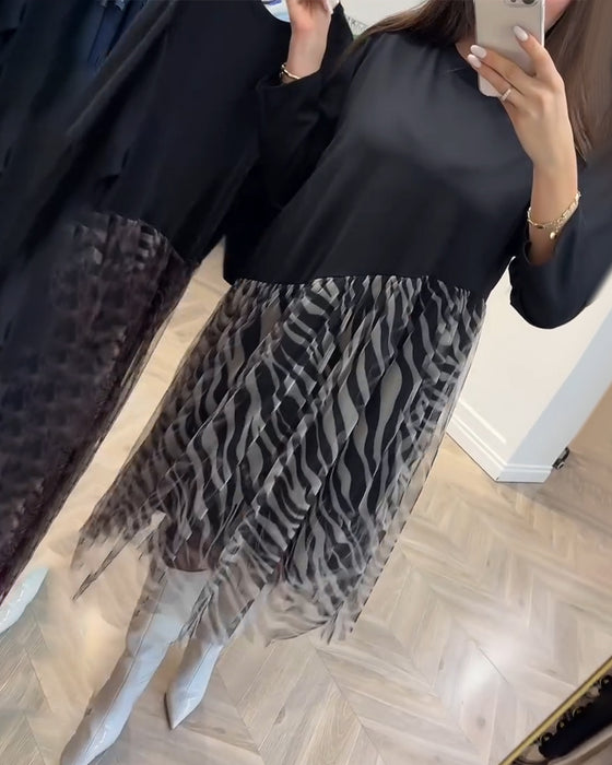 Kjole Rundhals Patchwork Mesh Print