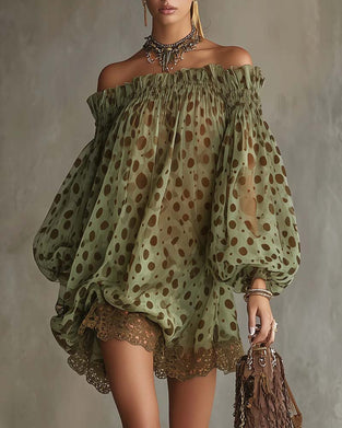 Kjole Leopardmønster Off-Shoulder Blonder Patchwork