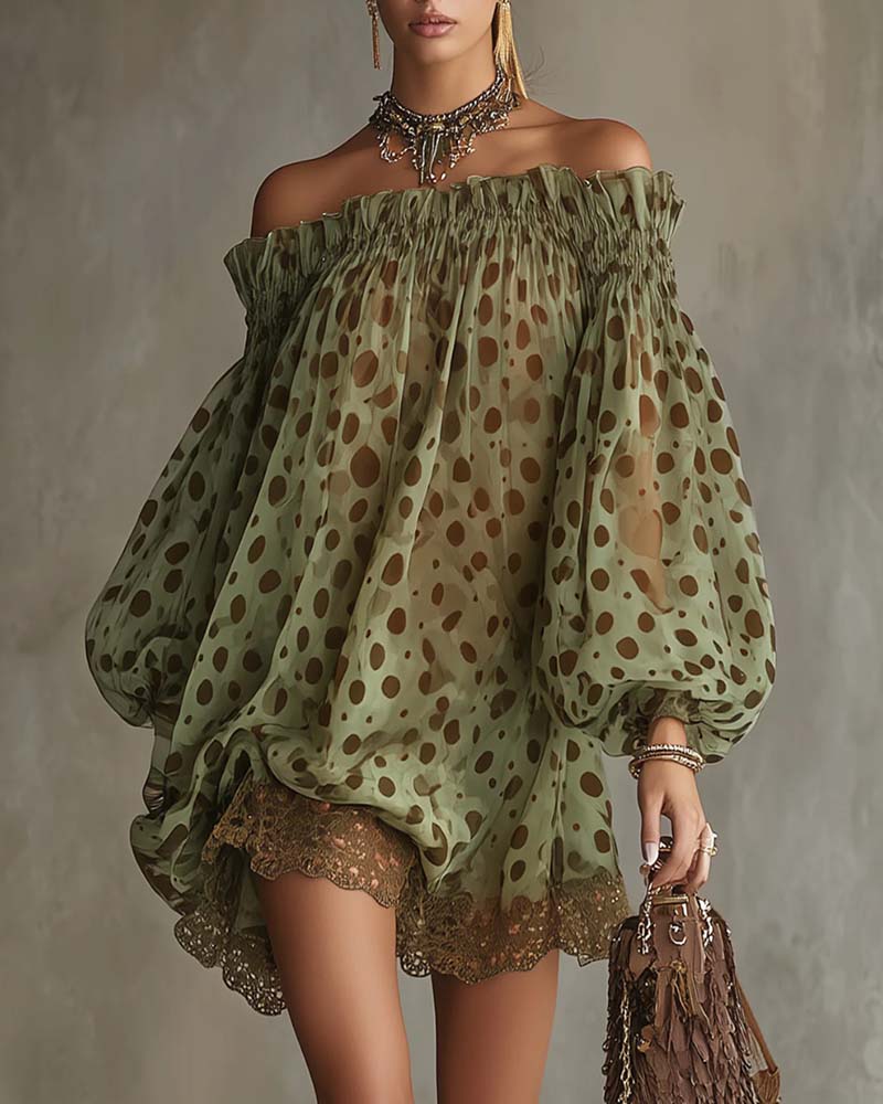 Kjole Leopardmønster Off-Shoulder Blonder Patchwork