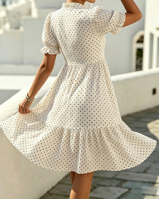 Kjole V-Hals Blonder Trim Polka Dot