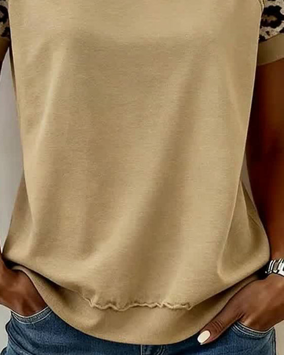 T-skjorte Leopardmønster Fargeblokkert Rund Hals