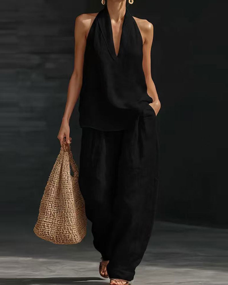 Sett Lin Halsbånd Hals Ermsløs Bredbeint Bukser