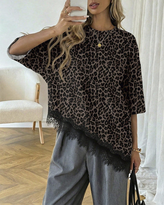 Bluse Asymmetrisk Blonde Sammensatt Kant Kortsermet