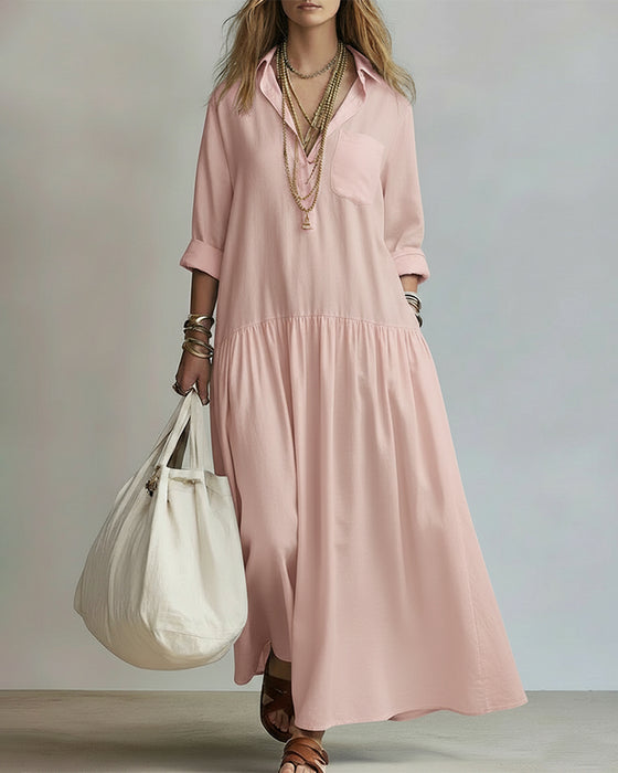 Kjole Knappforside Ensfarget Langermet