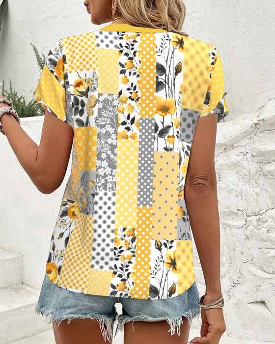 Bluse V-Hals Kortermet Blomstermønster