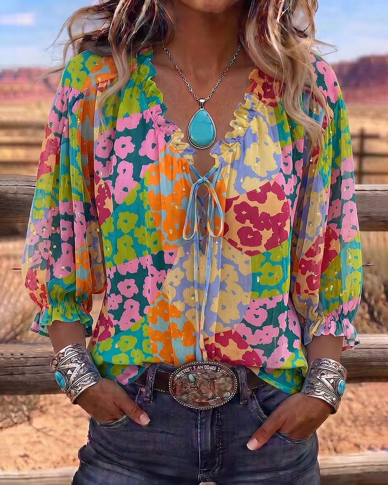 Bluse Blomstret V-Hals Knyt-Foran Puff Erme