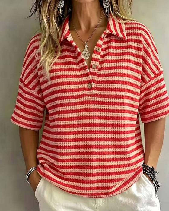 Bluse Polo Krave Stripet Knapp Foran