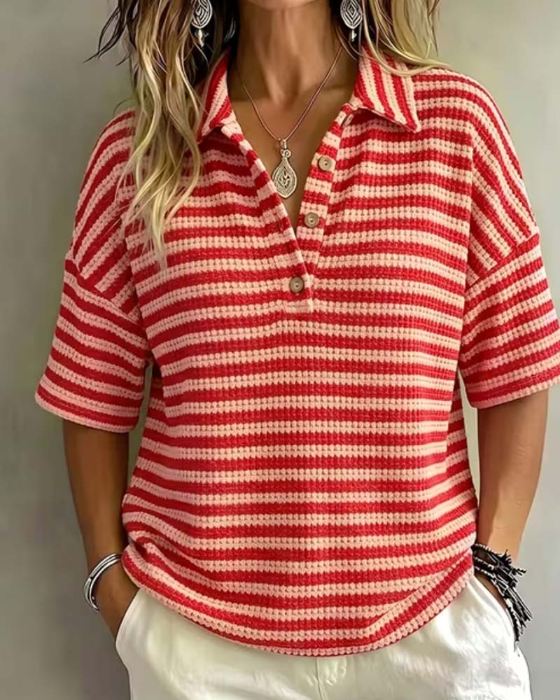 Bluse Polo Krave Stripet Knapp Foran