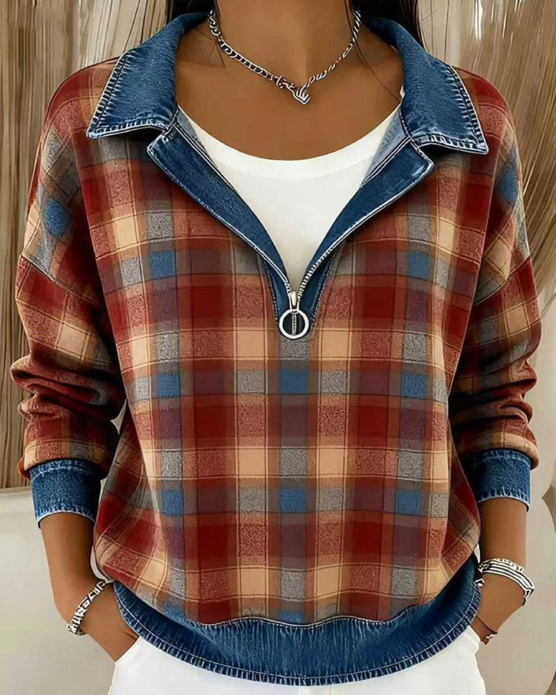 Topp Denim Krage Rutet Halv-Glidelås