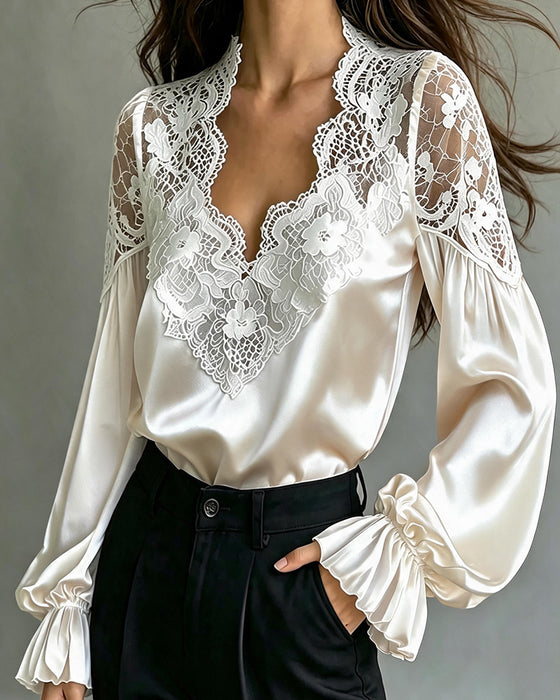 Bluse V-Hals Ruffle Blonde Utskjæring