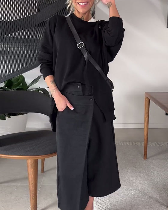 Ensfarget casual genser med rund hals og splitt