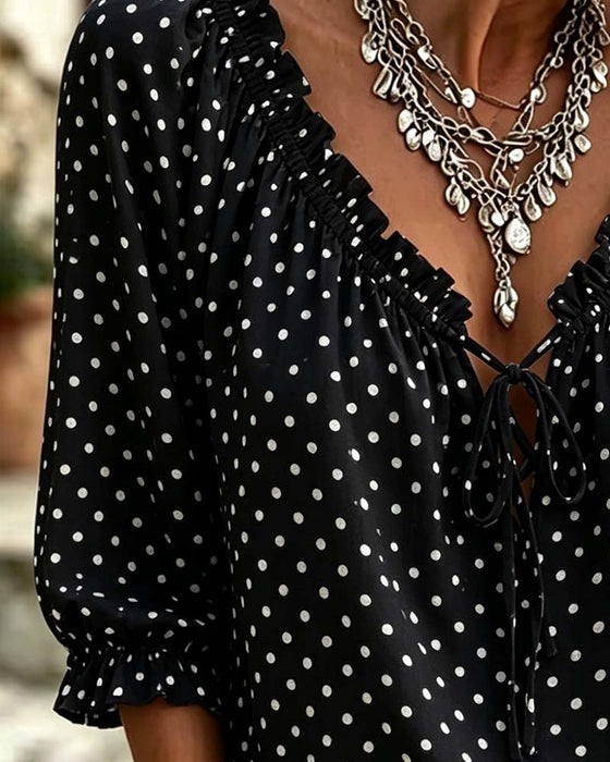Bluse V-Hals Ruffle Polka Dot Knyting