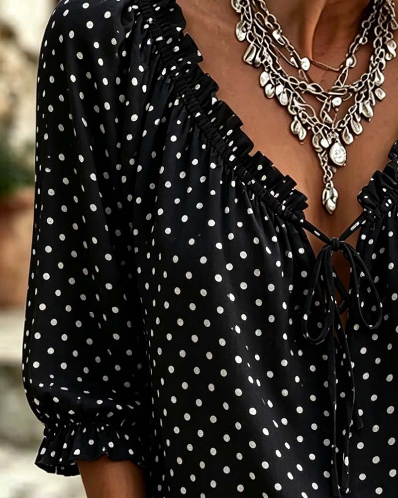 Bluse V-Hals Ruffle Polka Dot Knyting