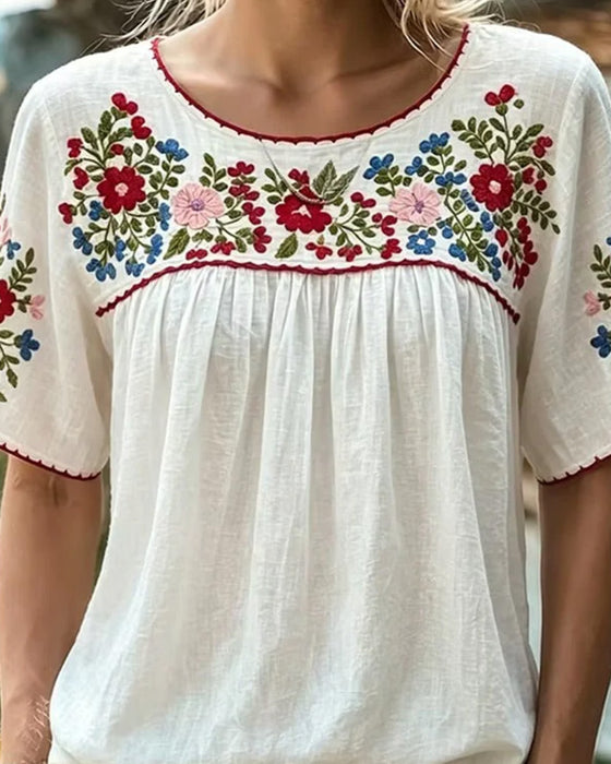 Bluse Rundhalset Brodert Bohemisk