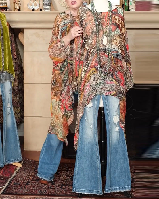 Bluse Løs Flaggermusermet Trykk