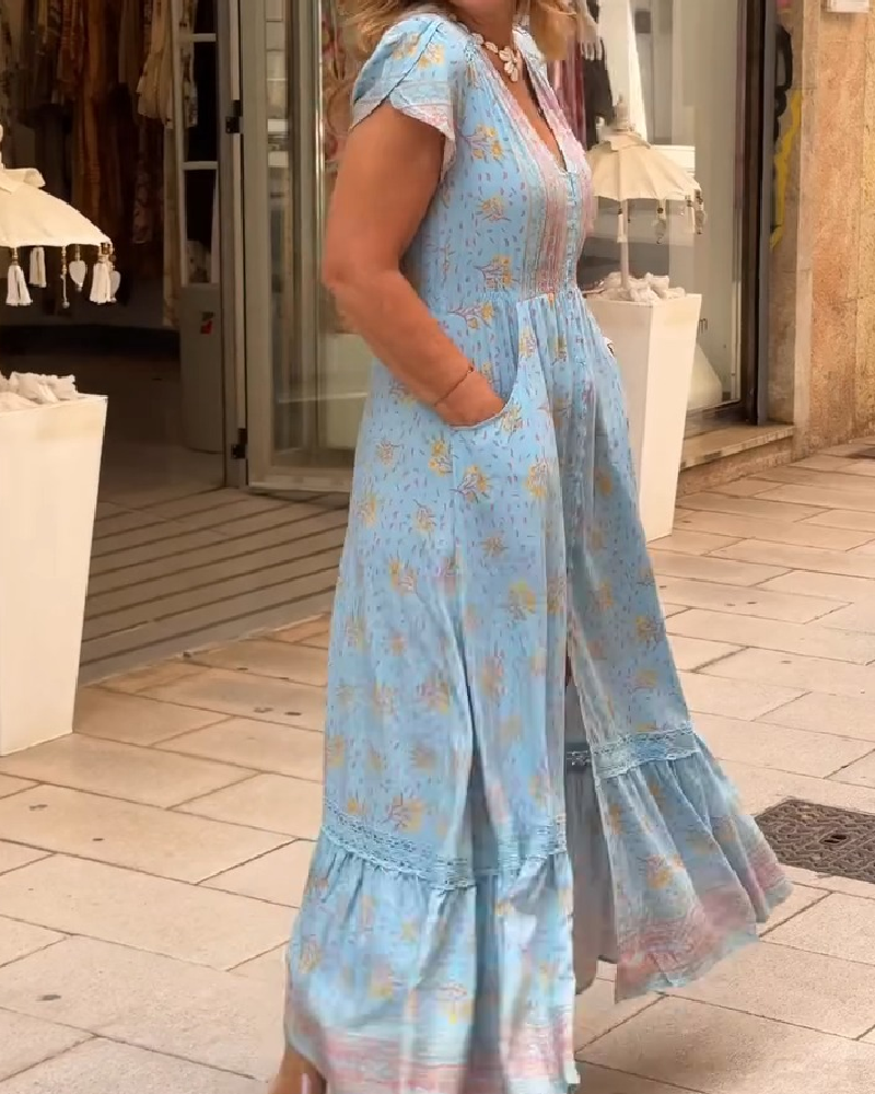 Kjole Blomstret Lang Midjedefinert