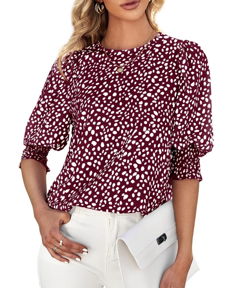 Bluse Floral Rund Hals Rynket Mid