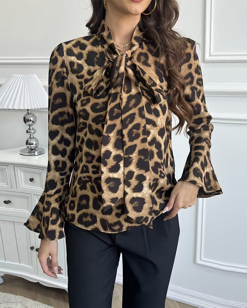 Bluse Leopardprint Båndhals