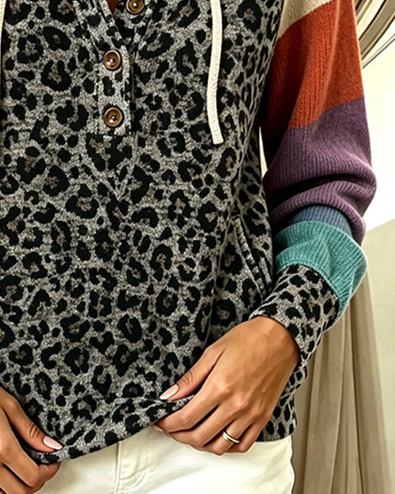 Hoodie Leopard Fargeblokk Knapp