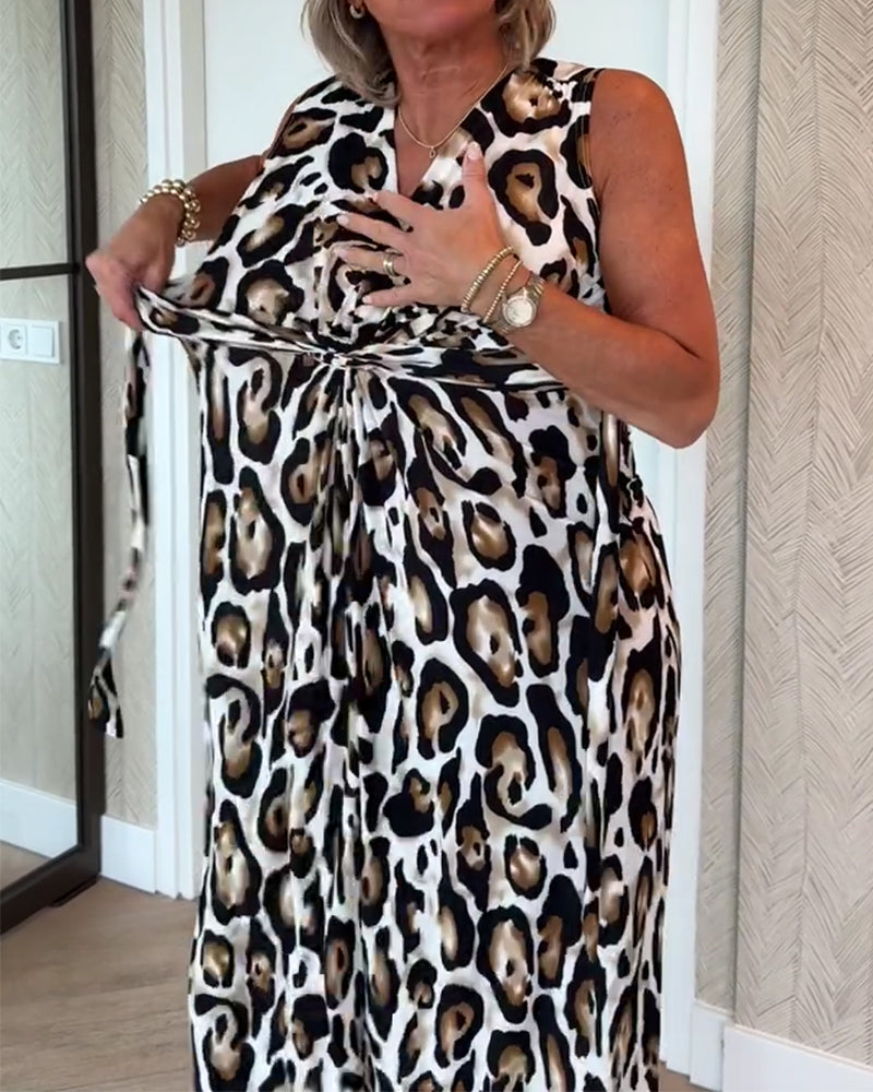 Kjole Ermeløs V-Hals Leopard