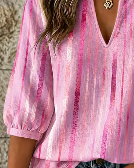 Bluse Vertikal Stripe Liten V-Hals