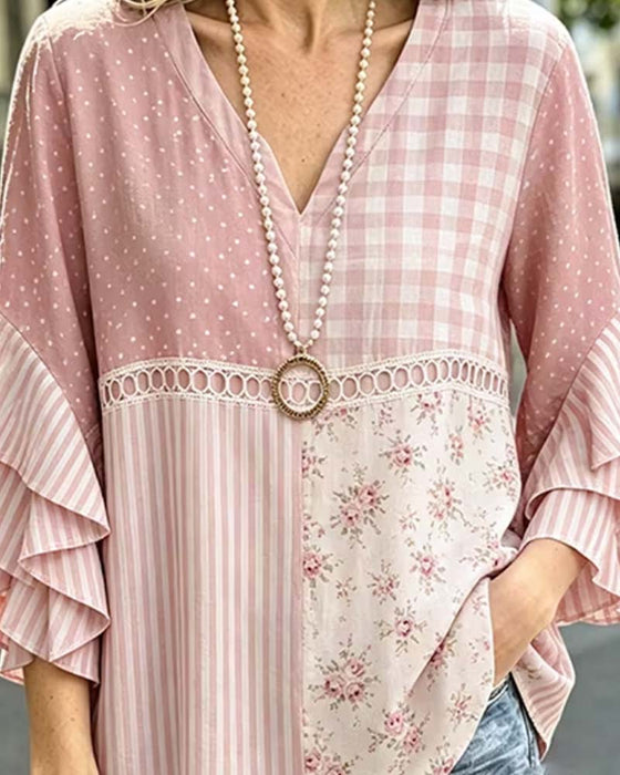 Bluse Dobbelt Lag Ruffle Ermer Stripet Prikket Trykk